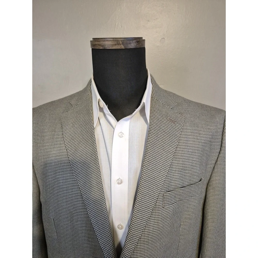 Chaps Mens Sport Coat 44R Cream Black Houndstooth 2 Button Blazer Jacket